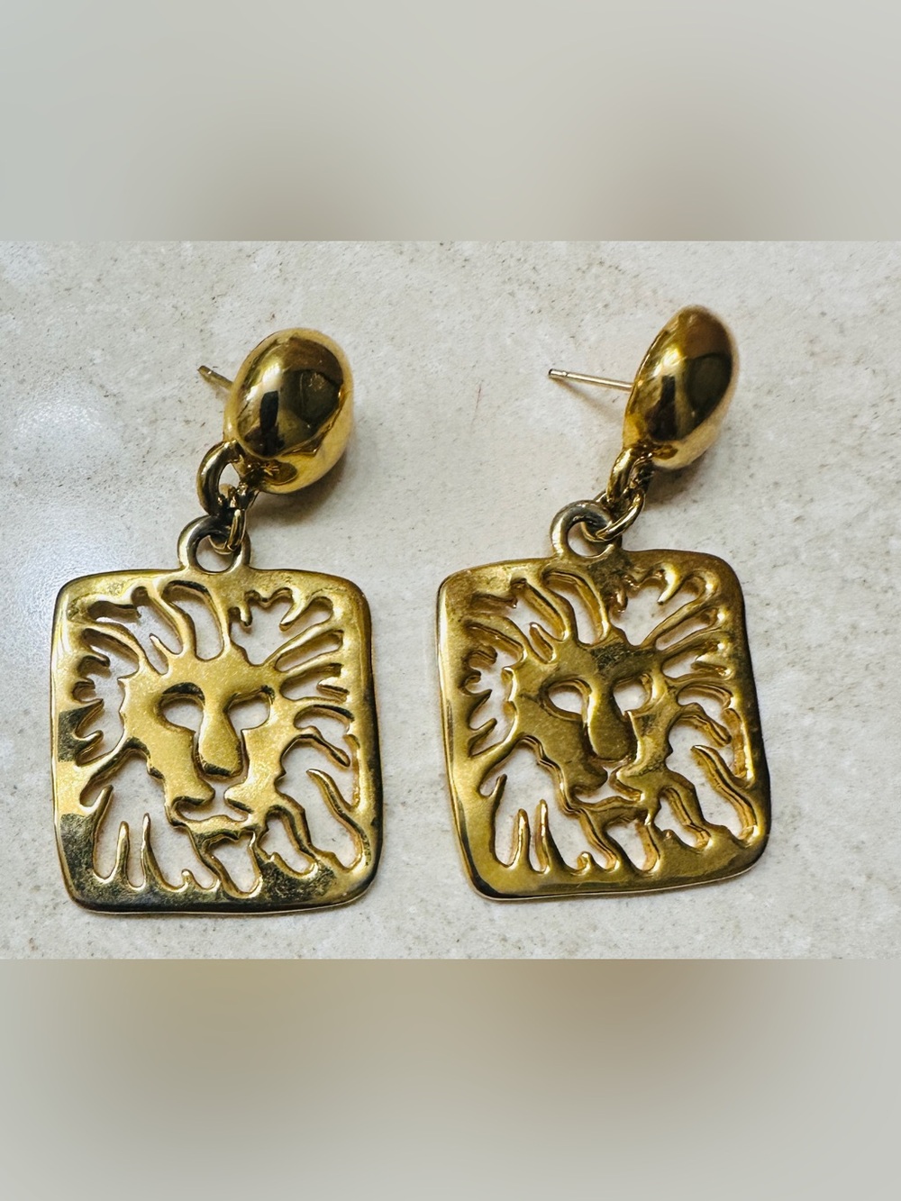 Anne Klein Earrings Pierced Vintage Lion Head Logo Gold Tone Dangle Pierced ‘80s